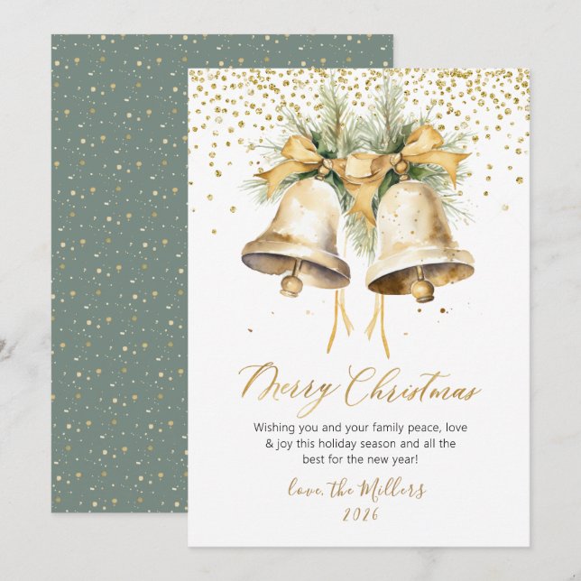 Elegant Watercolor Christmas Bells Gold Glitter Holiday Card (Front/Back)