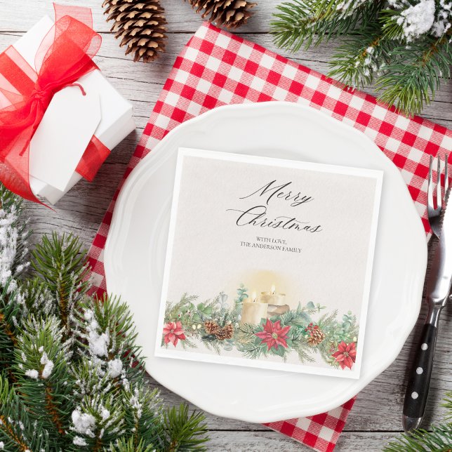 Elegant Watercolor Christmas Candle & Poinsettia Napkins (Creator Uploaded)