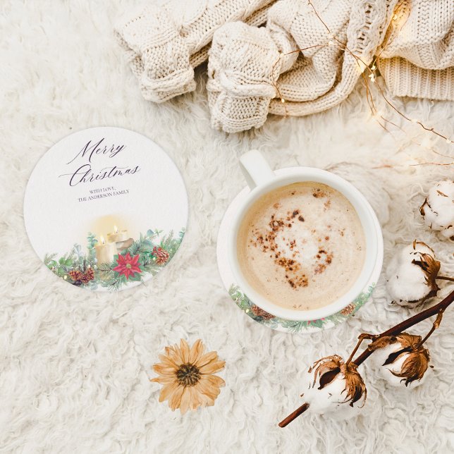 Elegant Watercolor Christmas Candle & Poinsettia Square Paper Coaster (Creator Uploaded)