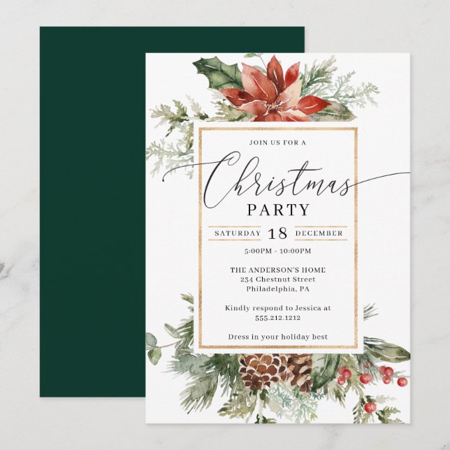 Elegant Watercolor Christmas Christmas Party Invitation (Front/Back)