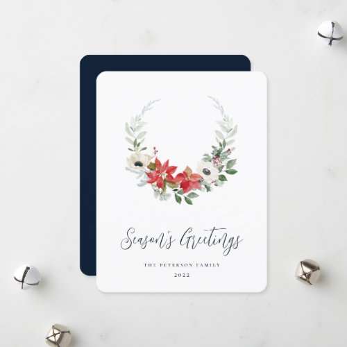 Elegant Watercolor Christmas Floral Wreath Holiday Card