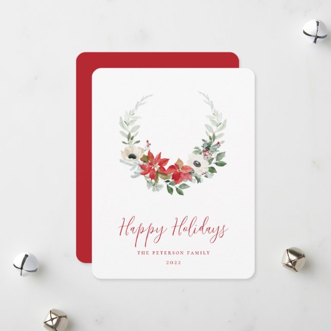 Elegant Watercolor Christmas Floral Wreath Holiday Card (Front/Back In Situ)