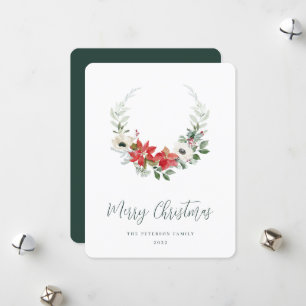 Elegant Watercolor Christmas Floral Wreath Holiday Card