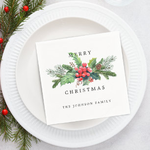Elegant Watercolor Christmas Florals Personalized Napkins