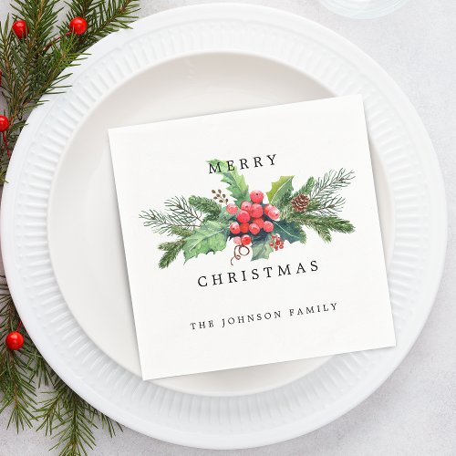 Elegant Watercolor Christmas Florals Personalized Napkins