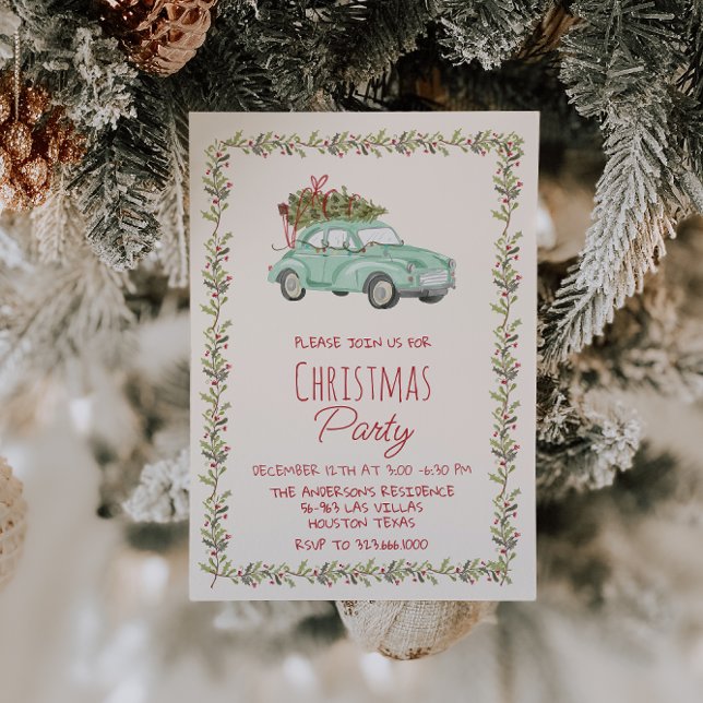 Elegant Watercolor Christmas Green Car Tree cParty Invitation (Creator Uploaded)