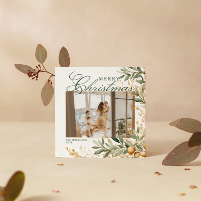 Elegant Watercolor Christmas Greenery Custom Photo Holiday Card (Creator Uploaded)