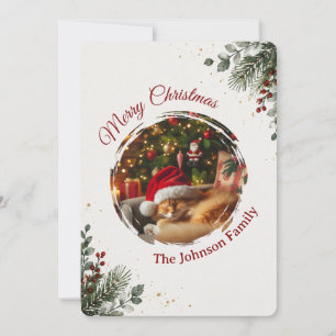 Elegant Watercolor Christmas Greenery Red Berries Holiday Card