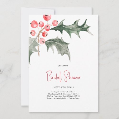 Elegant Watercolor Christmas Holly Bridal Shower Invitation