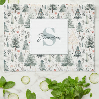 Elegant Watercolor Christmas Neutral Aesthetic Kitchen Towel