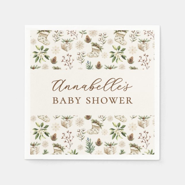 Elegant Watercolor Christmas or Winter Baby Shower Napkins (Front)