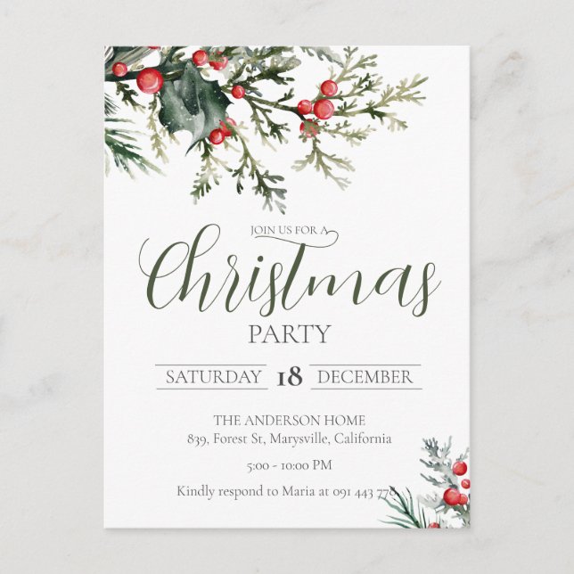 Elegant Watercolor Christmas Party Invitation (Front)