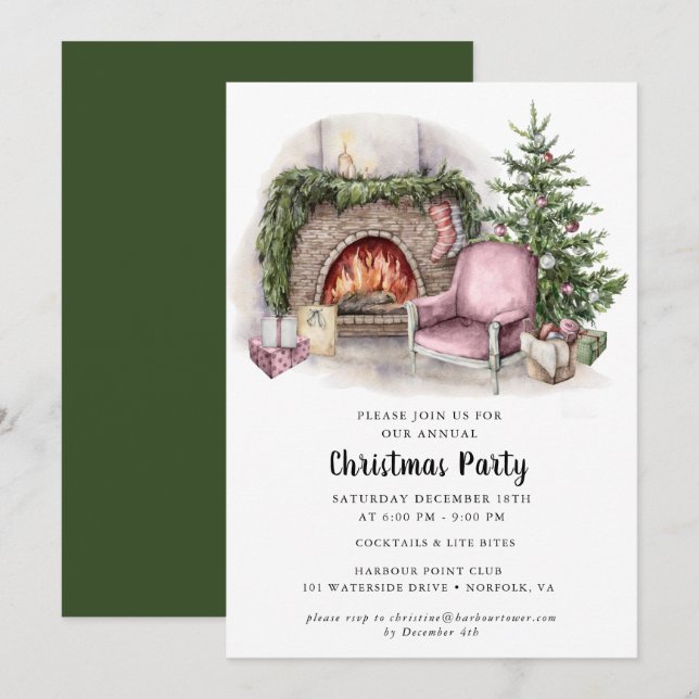 Elegant Watercolor Christmas Party Invitation  (Front/Back)