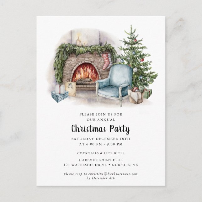 Elegant Watercolor Christmas Party Invitation  Pos Postcard (Front)