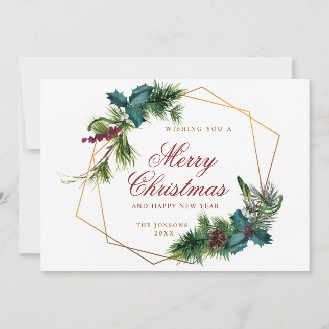 Elegant Watercolor Christmas Pine Cone Greeting Holiday Card (Front)
