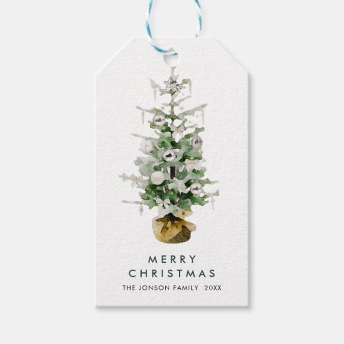 Elegant Watercolor Christmas Pine Tree Greeting Gift Tags