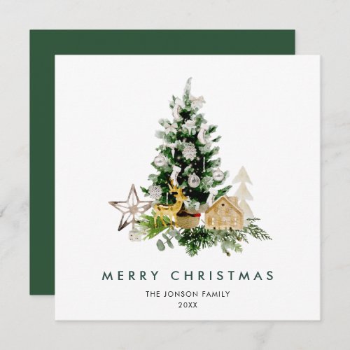 Elegant Watercolor Christmas Pine Tree Greeting Holiday Card