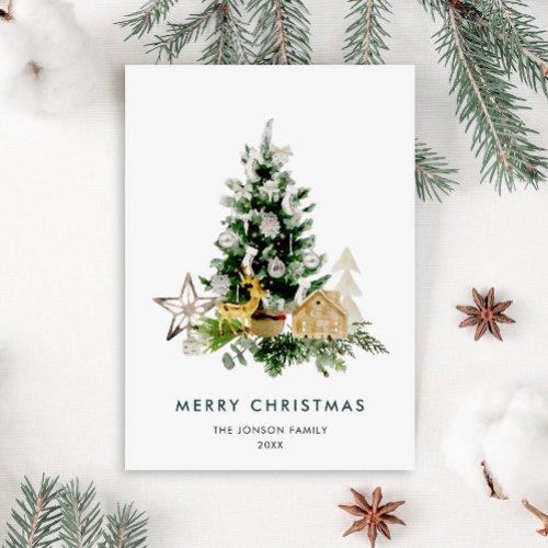 Elegant Watercolor Christmas Pine Tree Greeting Holiday Card
