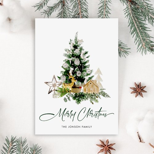 Elegant Watercolor Christmas Pine Tree Greeting Holiday Card
