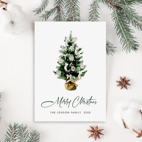 Elegant Watercolor Christmas Pine Tree Greeting Holiday Card