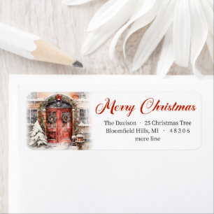 Elegant watercolor Christmas red door in snow city Label
