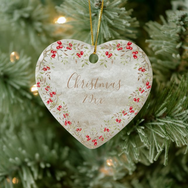 Elegant Watercolor Christmas Script Year Heart Ceramic Ornament (Tree)