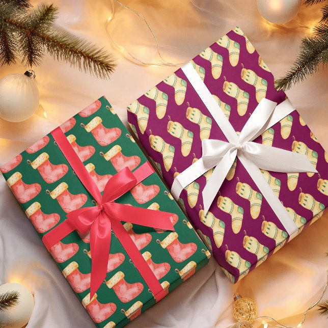 Elegant Watercolor Christmas Stocking Wrapping Paper Sheets (Creator Uploaded)