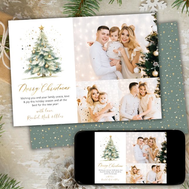 Elegant Watercolor Christmas Tree 3 Multi Photo  Holiday Card (Creator Uploaded)