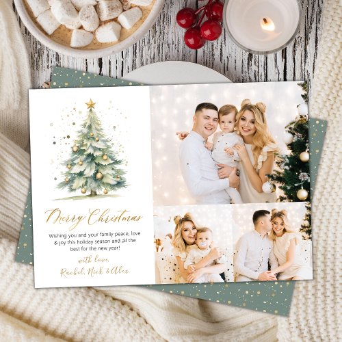Elegant Watercolor Christmas Tree 3 Multi Photo  Holiday Card