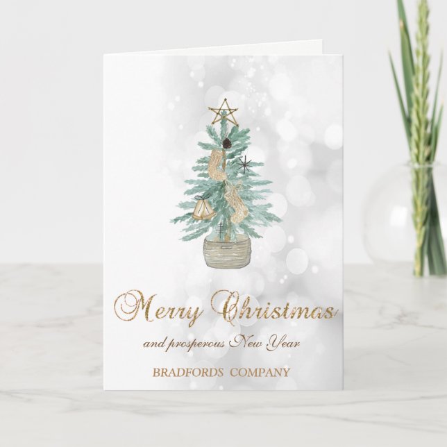 Elegant Watercolor Christmas Tree ,Bokeh Company  Holiday Card (Front)