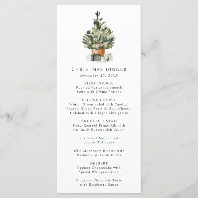 Elegant Watercolor Christmas Tree Christmas Dinner Menu (Front)