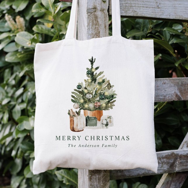 Elegant Watercolor Christmas Tree Christmas Tote Bag (Creator Uploaded)