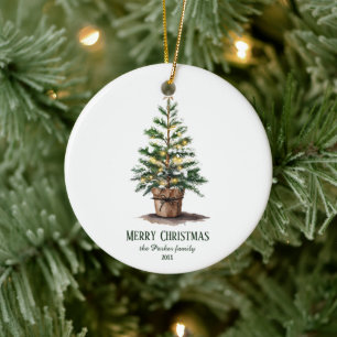 Elegant Watercolor Christmas Tree, Heartfelt Wish Ceramic Ornament