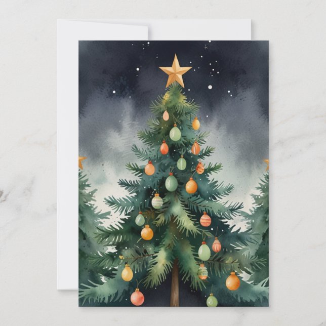 Elegant Watercolor Christmas Tree  Holiday Card (Front)