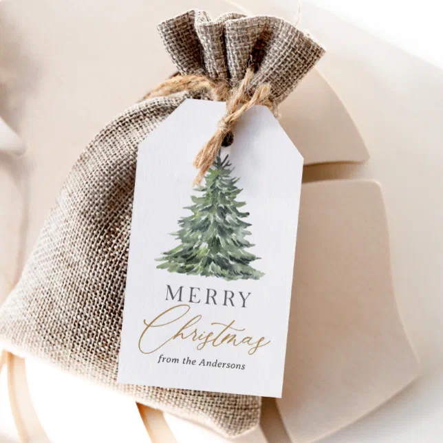Elegant Watercolor Christmas Tree Holiday Gift Tags

