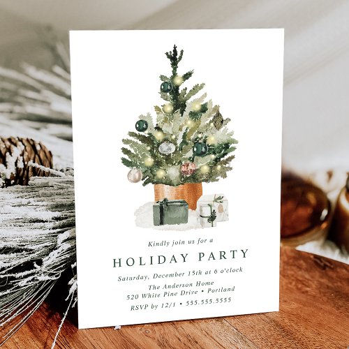 Elegant Watercolor Christmas Tree Holiday Party Invitation