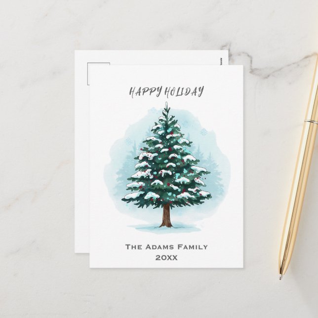 Elegant Watercolor Christmas Tree Holiday Postcard (Front/Back In Situ)