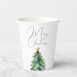 Elegant Watercolor Christmas Tree Merry Christmas Paper Cups