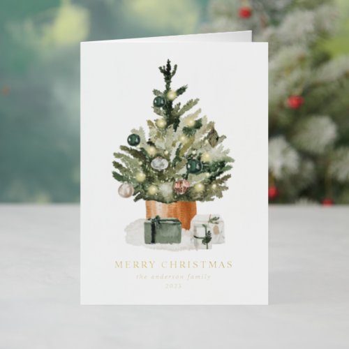 Elegant Watercolor Christmas Tree Non_Photo Foil Holiday Card