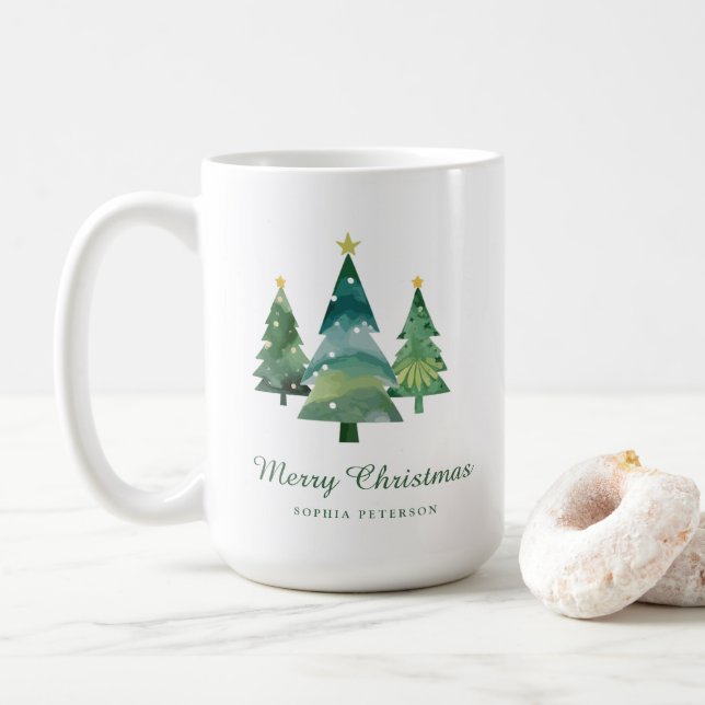 Elegant Watercolor Christmas Tree Photo Gift Coffee Mug (With Donut)