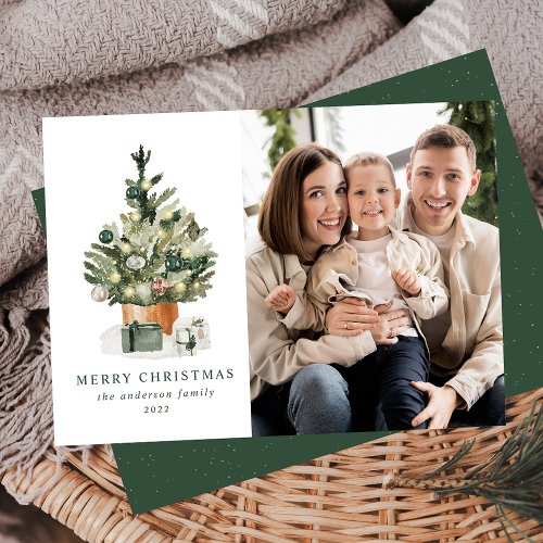 Elegant Watercolor Christmas Tree Photo Holiday Card