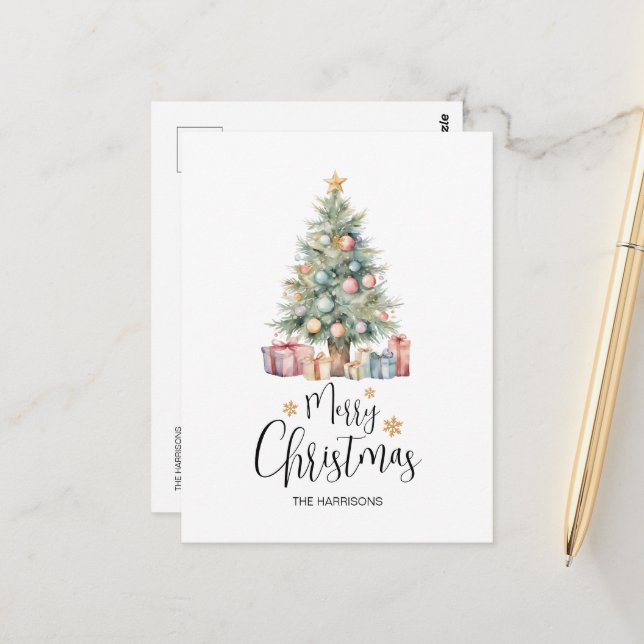 Elegant Watercolor Christmas Tree & Presents Postcard (Front/Back In Situ)