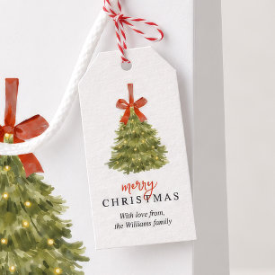 Elegant Watercolor Christmas Tree Red Bow Family Gift Tags