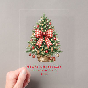 Elegant Watercolor Christmas Tree Red Gingham Bow Acrylic Invitations