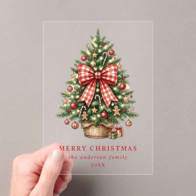 Elegant Watercolor Christmas Tree Red Gingham Bow Acrylic Invitations (Insitu (Handheld))