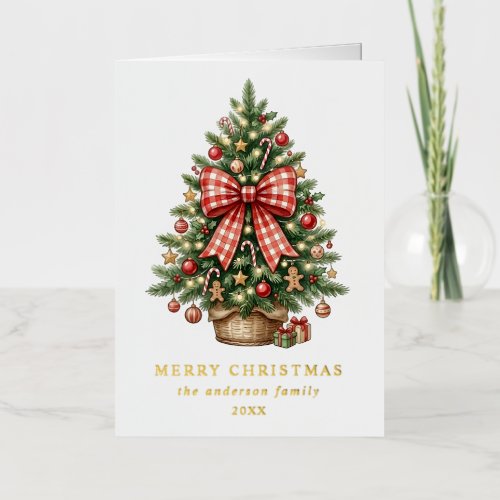 Elegant Watercolor Christmas Tree Red Gingham Bow Foil Holiday Card