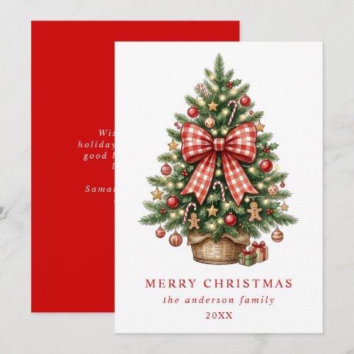 Elegant Watercolor Christmas Tree Red Gingham Bow Holiday Card