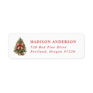Elegant Watercolor Christmas Tree Red Gingham Bow Label
