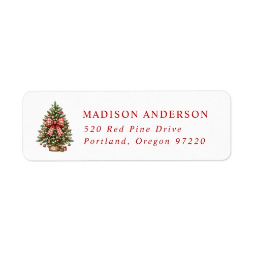 Elegant Watercolor Christmas Tree Red Gingham Bow Label