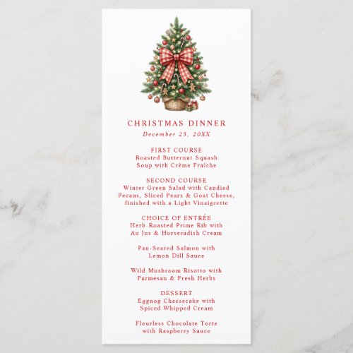 Elegant Watercolor Christmas Tree Red Gingham Bow Menu